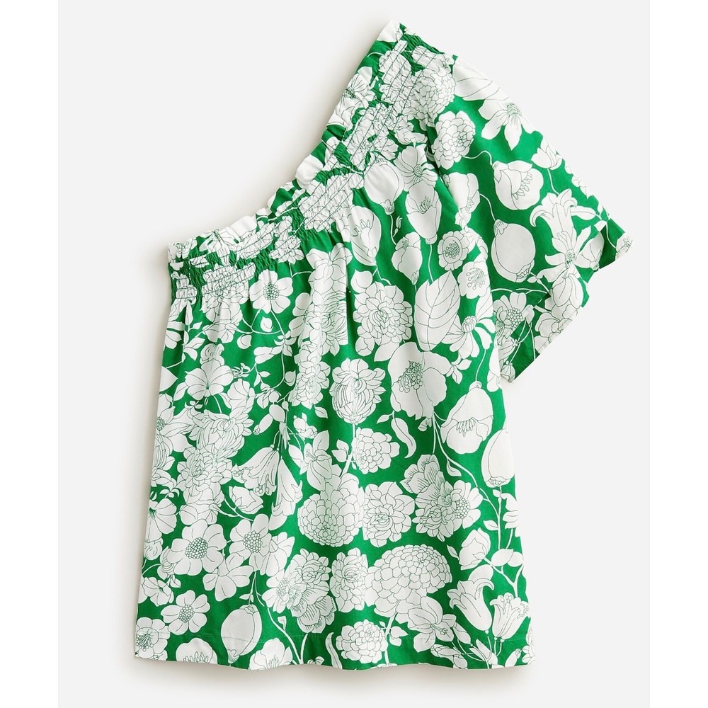 J.Crew One Shoulder Floral Top L Kelly Green Smocked Cotton Poplin Cottagecore - Picture 13 of 14